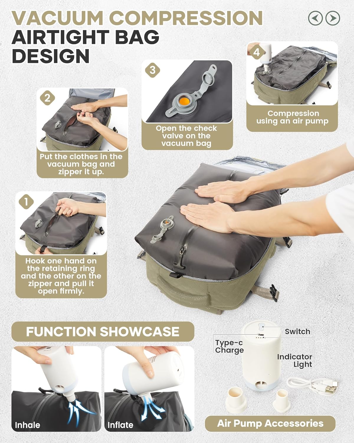 Travel Vacuum Storage Backpack with Air Pump Vacuum Seal Compression Space Saver Bags Clothing Vacpack 18x14x8 inches Travel Bag Carry on Personal item Laptop Work Backpacks Women Men Khaki
