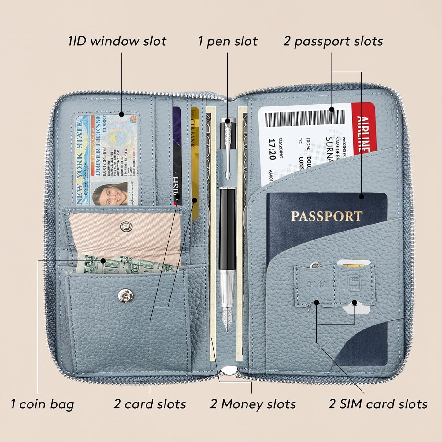 RFID Large Passport Holder for Man & Women, Leather Travel Wallet with Card Holders, Zippered Coins Pocket and CashSlot, for Secure Traveling and Documentation Organizer (Eephant Grey)
