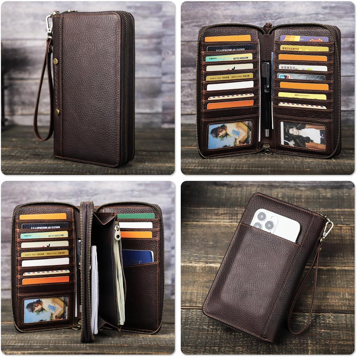 Top Grain Genuine Leather Text Customizable Clutch Wallet Purse for Man & Woman, Classic Vintage Design, Fully Handmade, Multiple Pockets & Slots, RFID Large Capacity for Daily/Business/Traveling/Gift