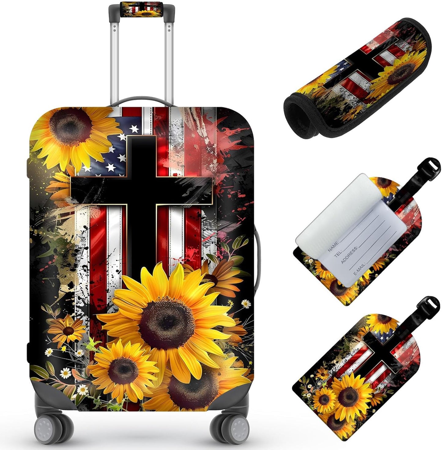Travel Luggage Cover, Christian Sunflower Theme Suitcase Cover Accessory Kit, Luggage Tag, Handle Wrap, Washable Luggage Protector (25-28 inch, L)