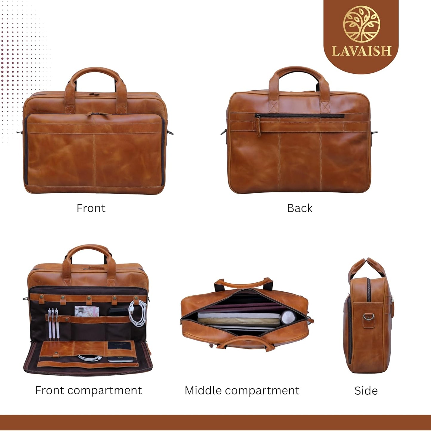 Handmade Full-Grain Leather Briefcase for Men & Women–17" Laptop Bag with Computer Compartment