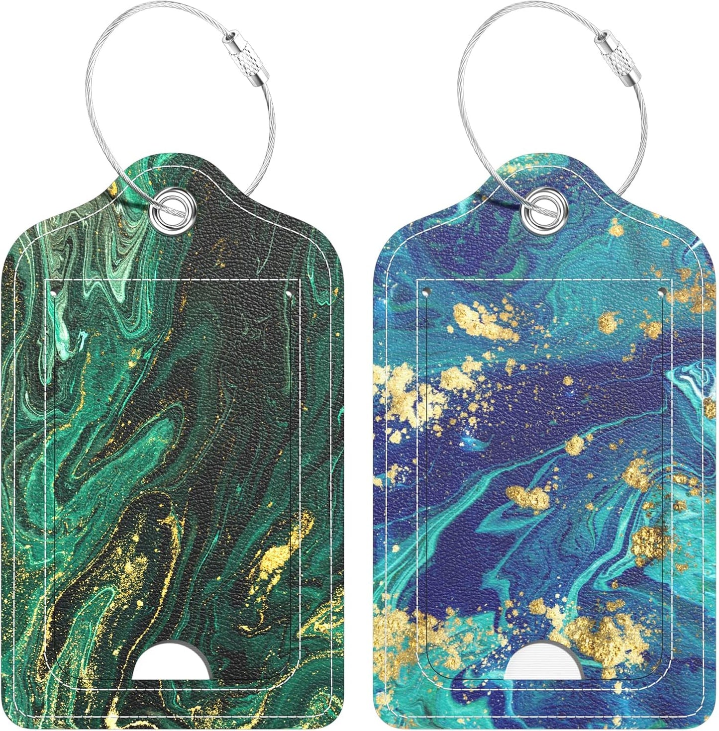 2 Pack PU Leather Luggage Tags for Suitcase, Travel Cruise Luggage Tag with Privacy Flap, Name ID Label and Metal Loop for Women Men Baggage Handbag School Bag Backpack, Green Marble