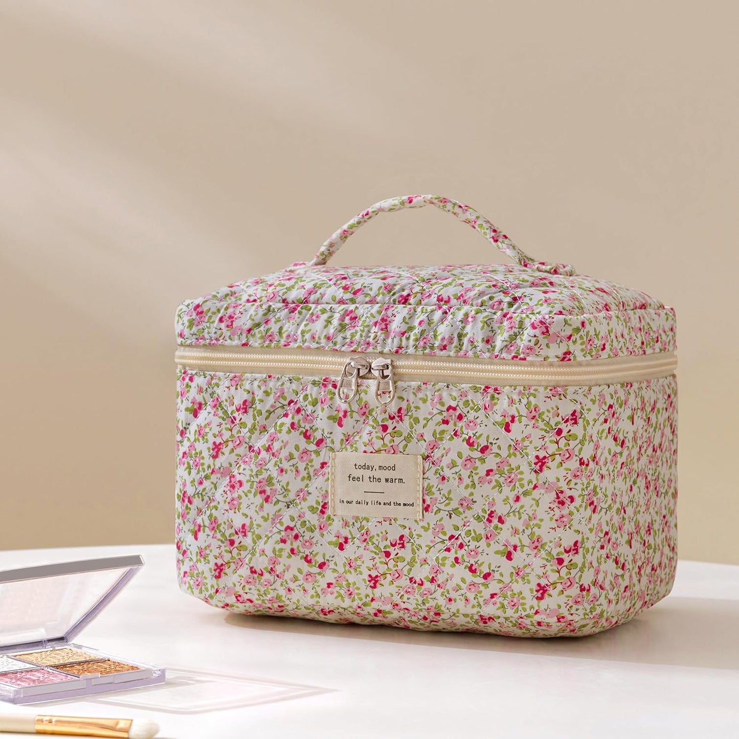 HBselect Quilted Makeup Bag, 3PCS Cotton Large Travel Makeup Bag, Cute Floral Coquette Make up Bag Cosmetic Bag Toiletry Bag for Women Girls