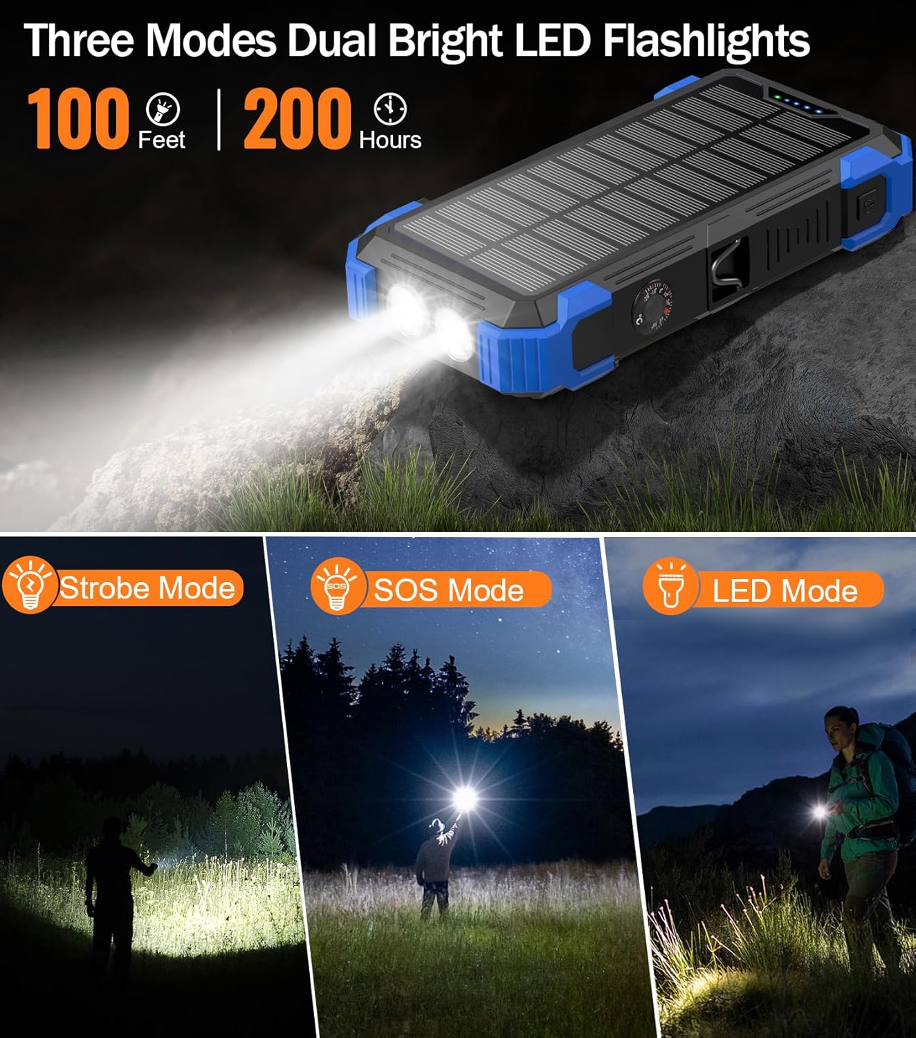 Solar Charger Power Bank, 42800mAh Wireless Portable Charger with USB-C in/Output, QC3.0 Fast Charging 15W 4 Ports Outdoor Battery Pack Built-in LED Flashlight, for iPhone, Galaxy, iPad etc