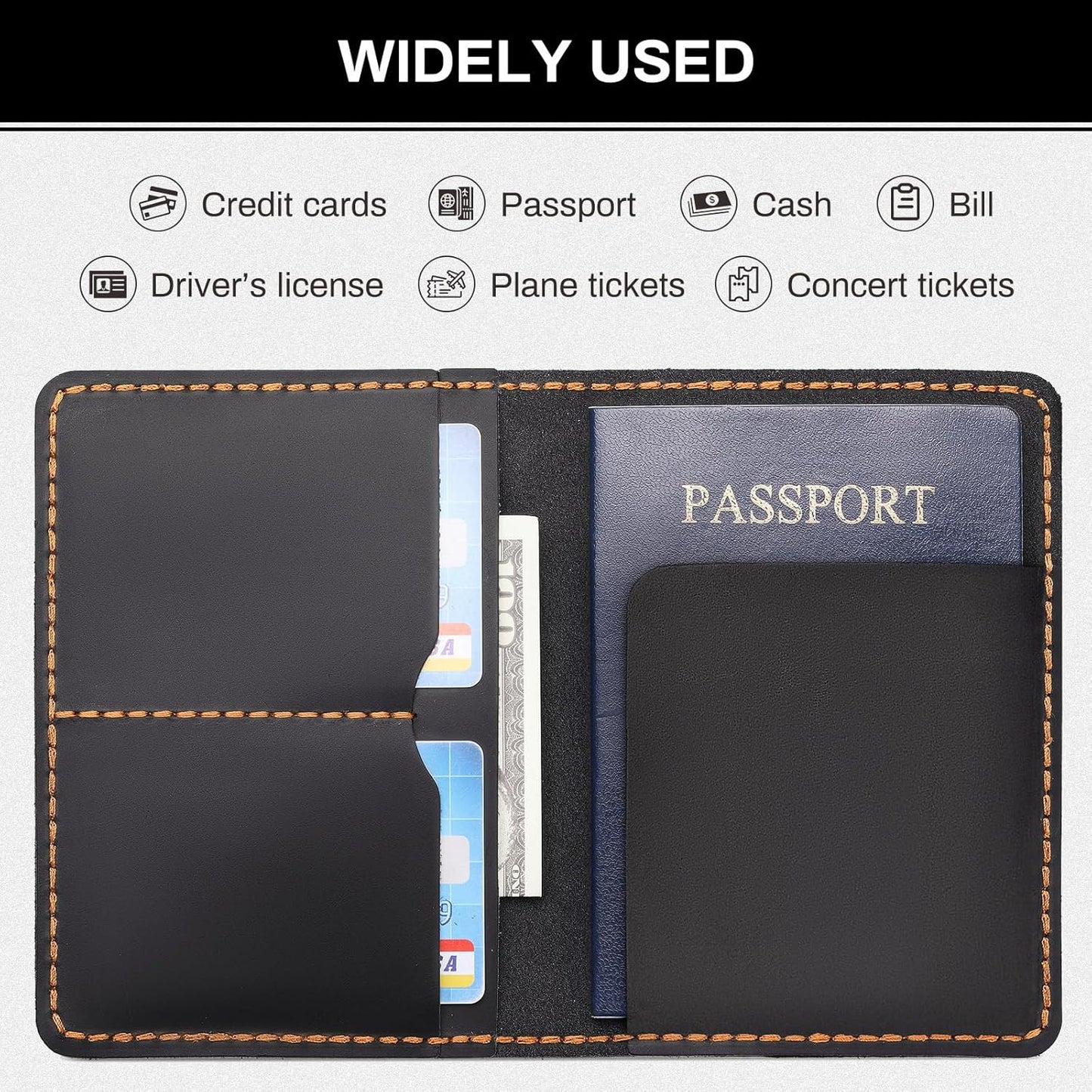 Real Leather Wallet Passport Vaccine Holder Combo Travel Organizer (Black)
