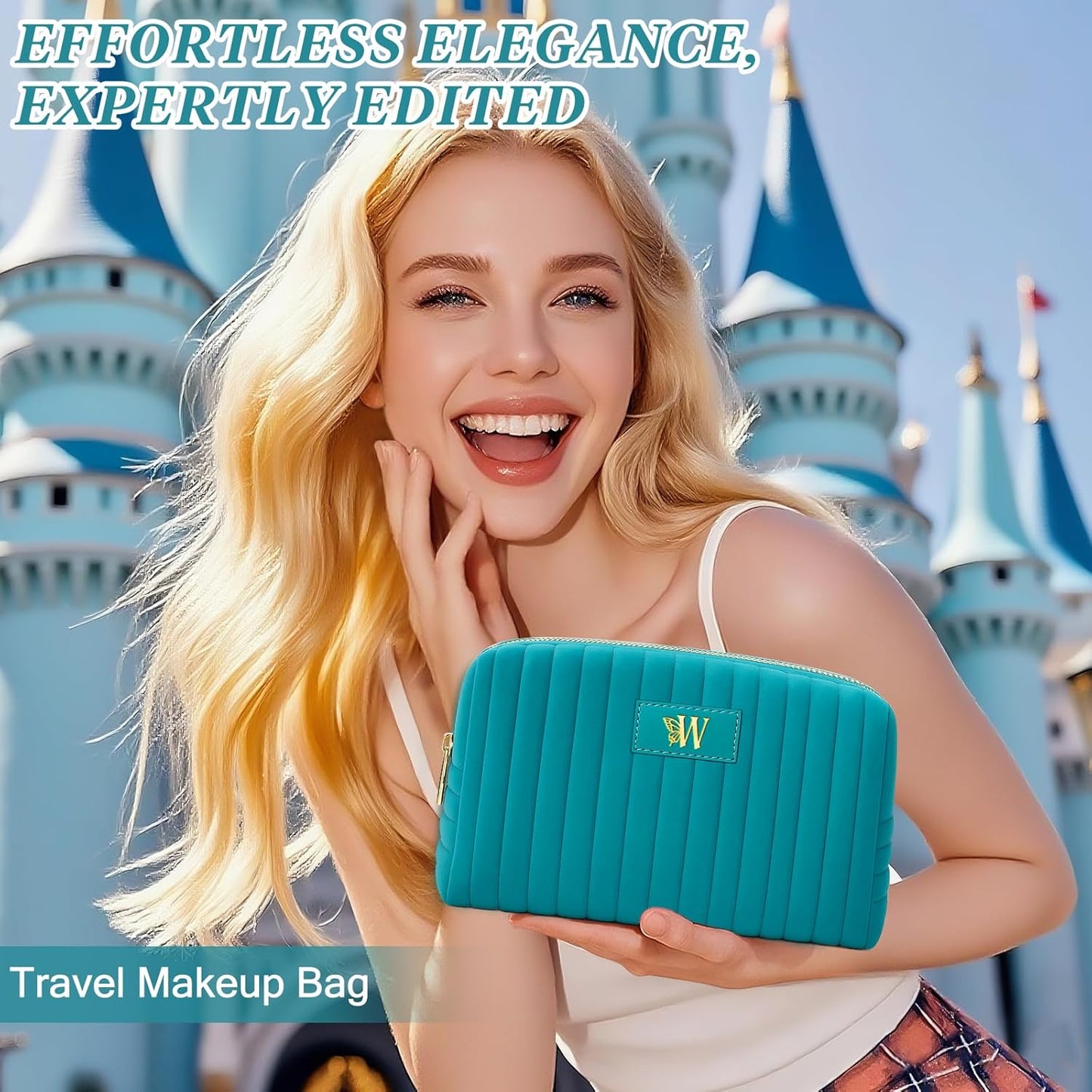 Monogrammed Make Up Bags for Women,Personalized Cosmetic Bags Women,Small Quilted Makeup Pouch,Cute Makeup Bag Travel,Birthday Gifts for Teen Girl (Blue W)