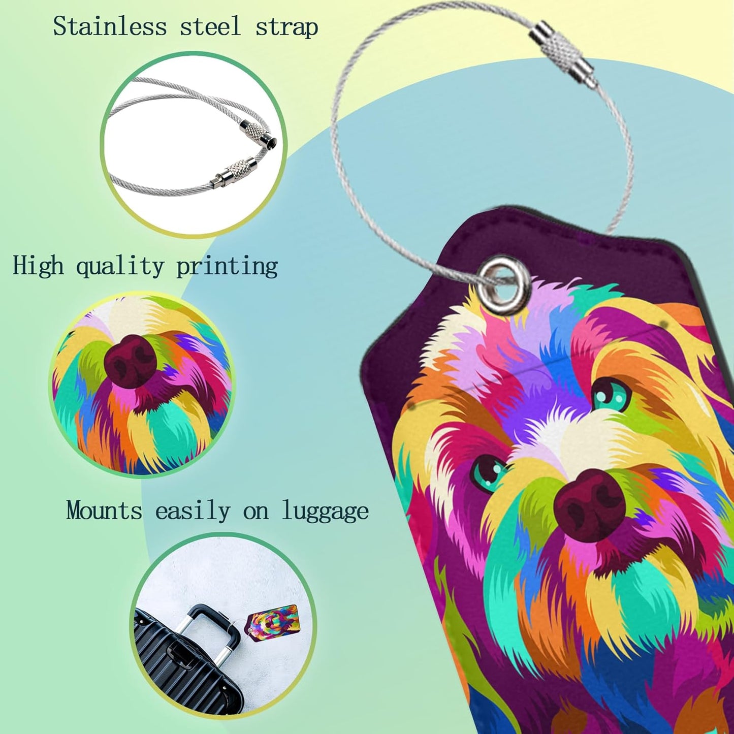 Luggage Tags for Suitcase,2 Pack Colorful Dog Abstract Luggage Tag PU Leather Privacy Cover ID Label with Stainless Steel Loop for Women Men Teens Travel