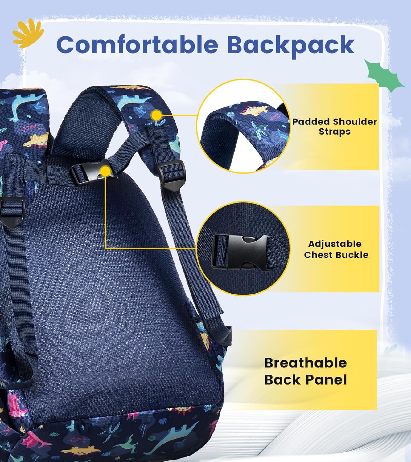 Vorspack Kids Backpack for Boys - 15 Inch Boys Backpack Ages 5-8, Cute Dinosaur Bookbag School Bags for Elementary School - Blue