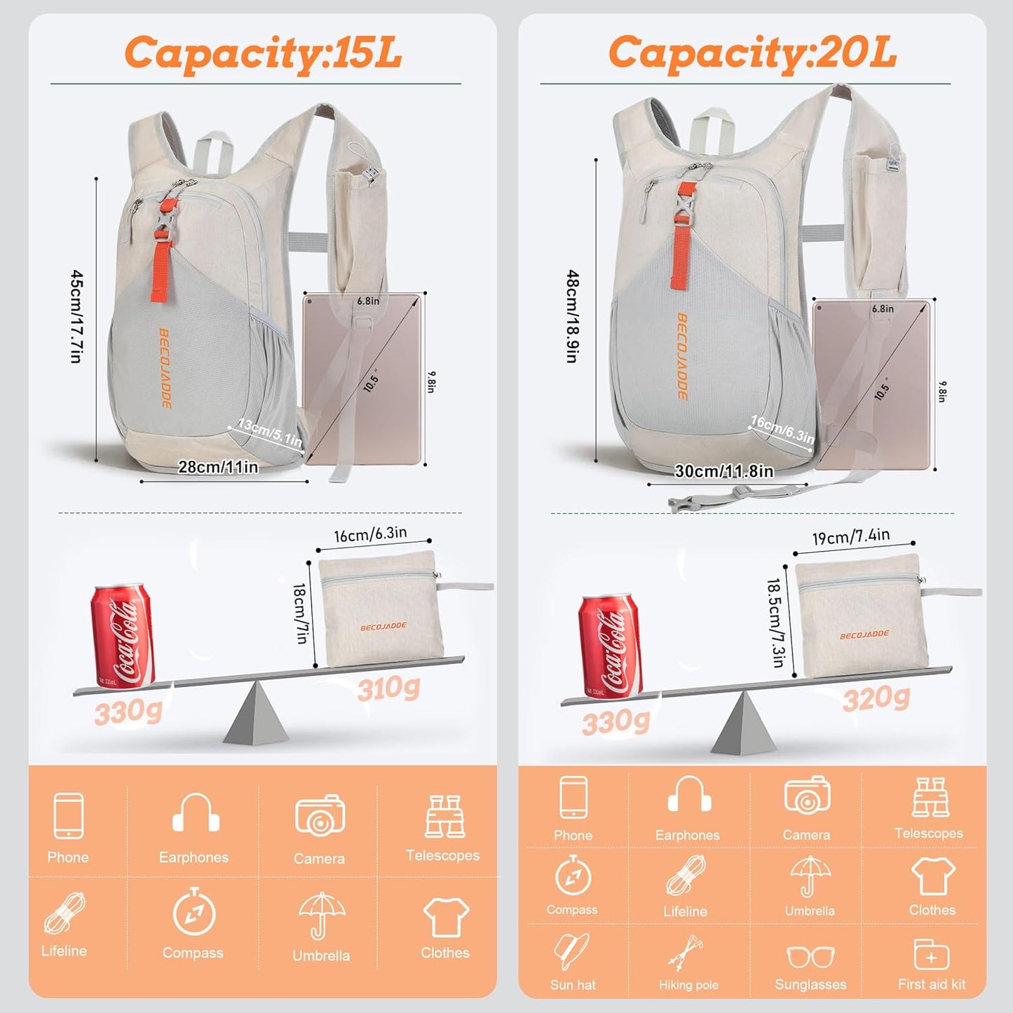 20L Small Hiking Backpack for Men Women Foldable Packable Back Pack Ultralight Hiking Daypack for Travel Camping Outdoor, Beige