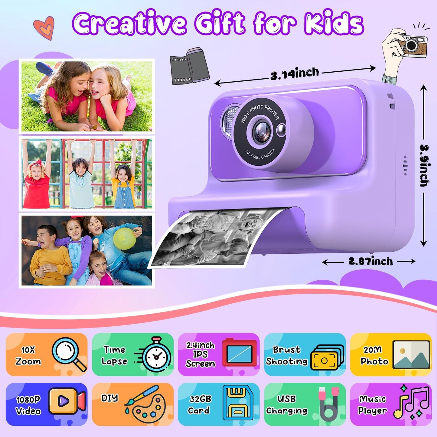 Kids Camera Instant Print, Christmas Birthday Gifts for Girls and Boys, 1080P HD Video Digital Kids