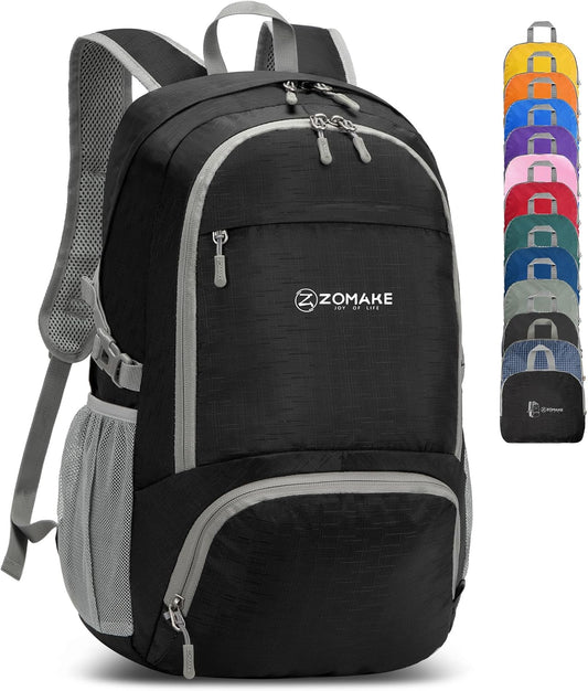 ZOMAKE Lightweight Packable Backpack 30L, Foldable Hiking Backpacks Water Resistant Compact Folding Daypack for Travel(Pure Black)