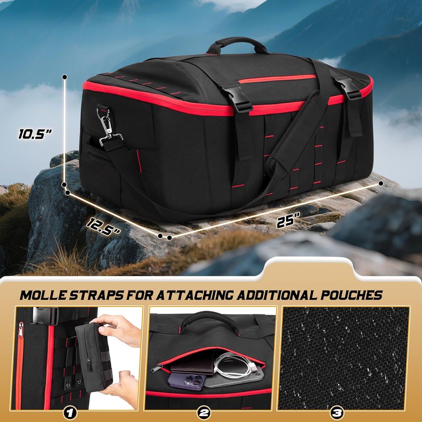65L Tactical Duffle Bag Gym Bag with Backpack Straps, Wet Pocket and Detachable Dividers, Duffle
