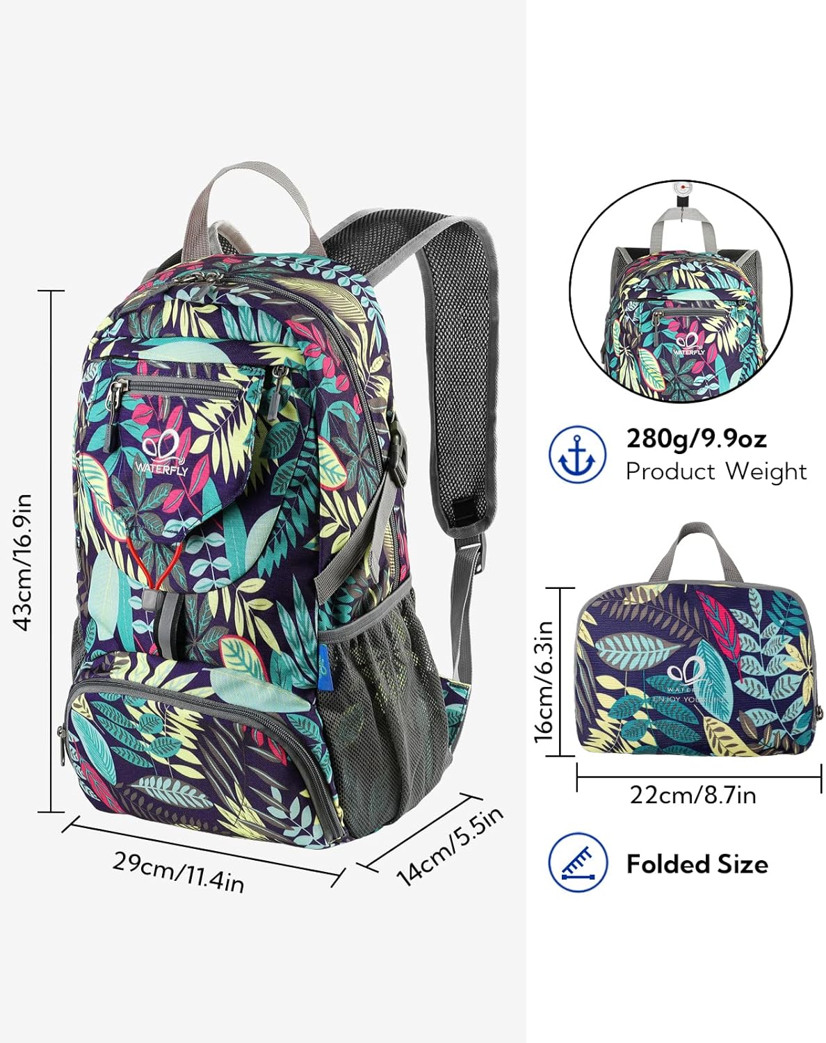 WATERFLY Small Lightweight Packable Backpack: 20l Ultra Light Foldable Travel Hiking Camping