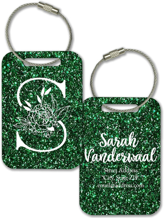 Personalized Monogram Name Tag for Luggage (3 or 6 Count Pack) | Custom Tag for Suitcase | Acrylic Name Tag for Travel | Choose Your Font & Color | Backpack ID Label (Monogram, Green Glitter)