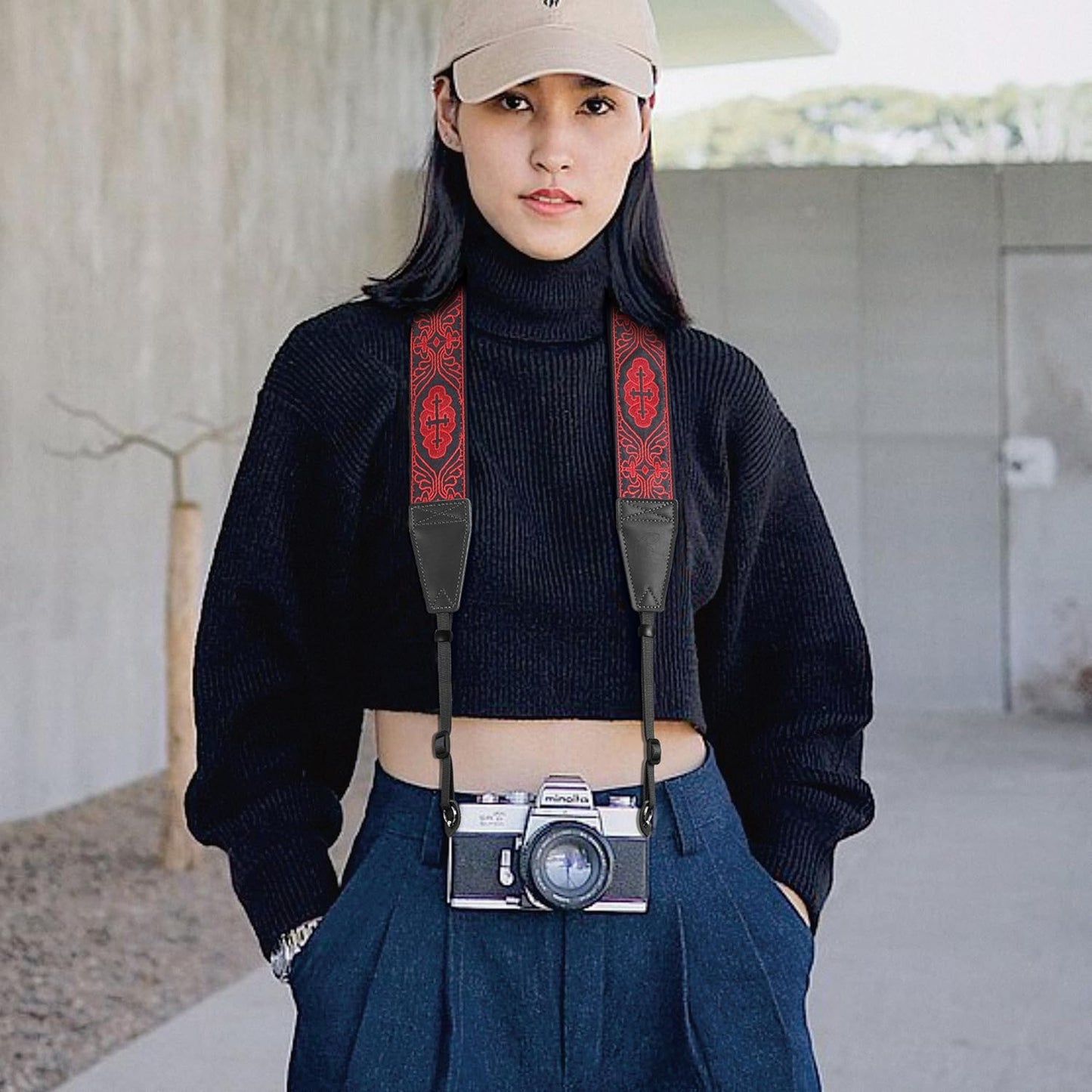 Padwa Lifestyle Camera Strap - 2" Full Grain Leather Ends Camera Straps for Photographers, Vintage Red Embroidered Cotton Weave Soft Suede Fabric Padded Strap Quick Release fits All Cameras