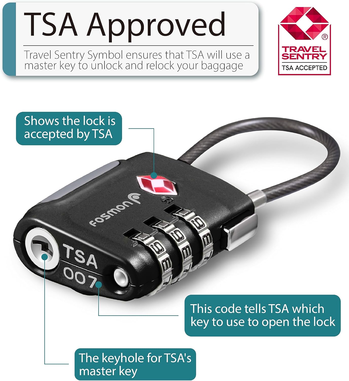 Fosmon TSA Approved Cable Locks for Luggage, Suitcase, Gun Case Lock with Push Release Button, 3 Digit Long Shackle Combination Wire Lock for Backpack