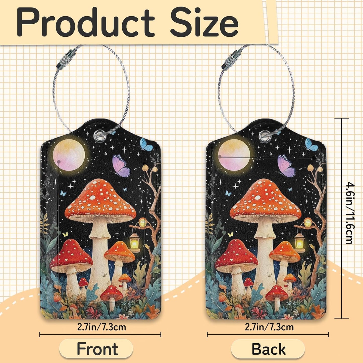 3 PCS Mushroom Luggage Tags,Colorful Butterfly Moon Star Suitcase Tags Privacy Cover ID Label with