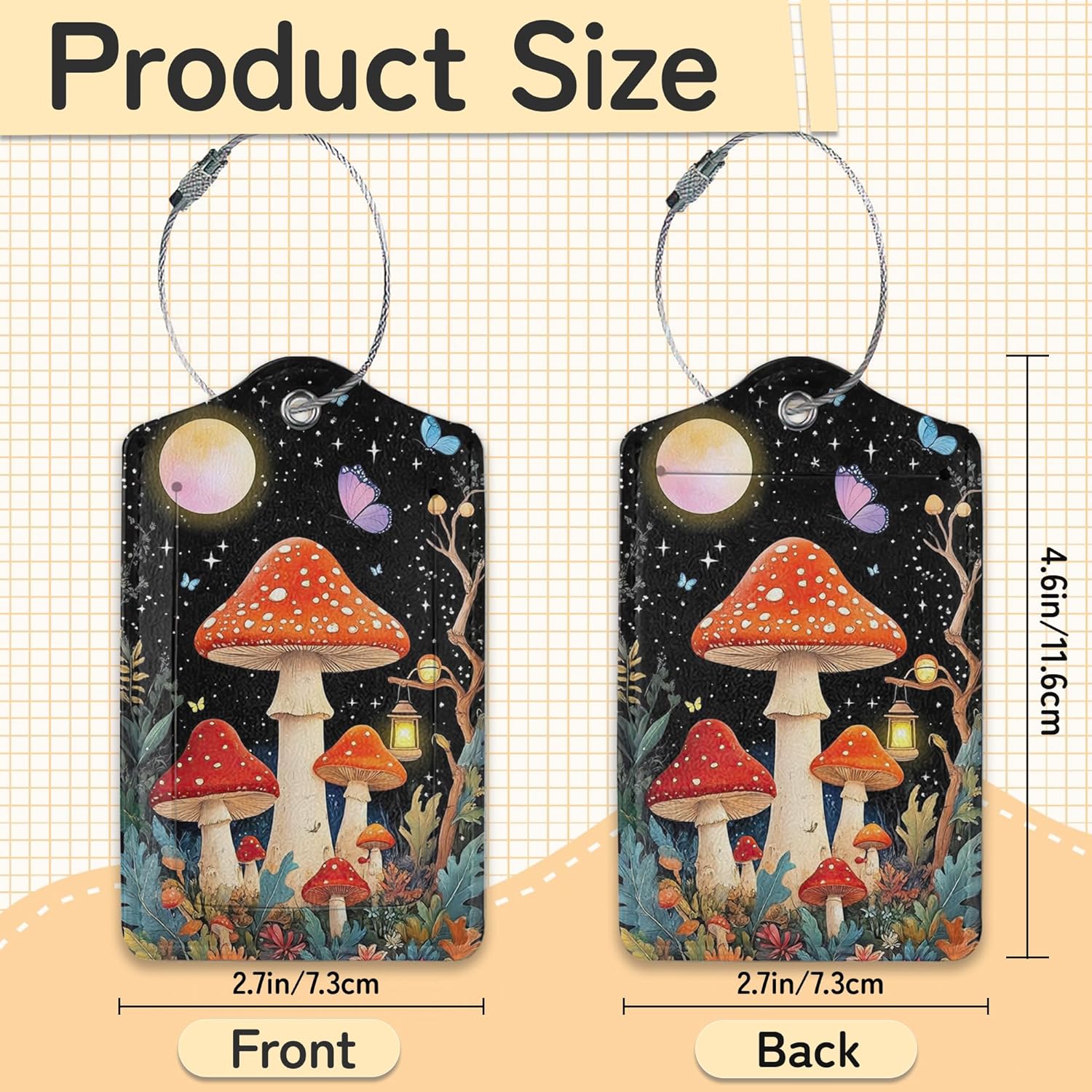 3 PCS Mushroom Luggage Tags,Colorful Butterfly Moon Star Suitcase Tags Privacy Cover ID Label with