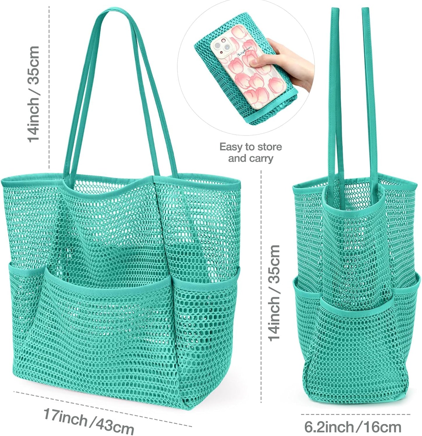 KPX Beach Bag with Mini Pocket, Beach Tote Bags for Women Large Foldable Mesh Swimming Pool Travel Bags - Sandproof