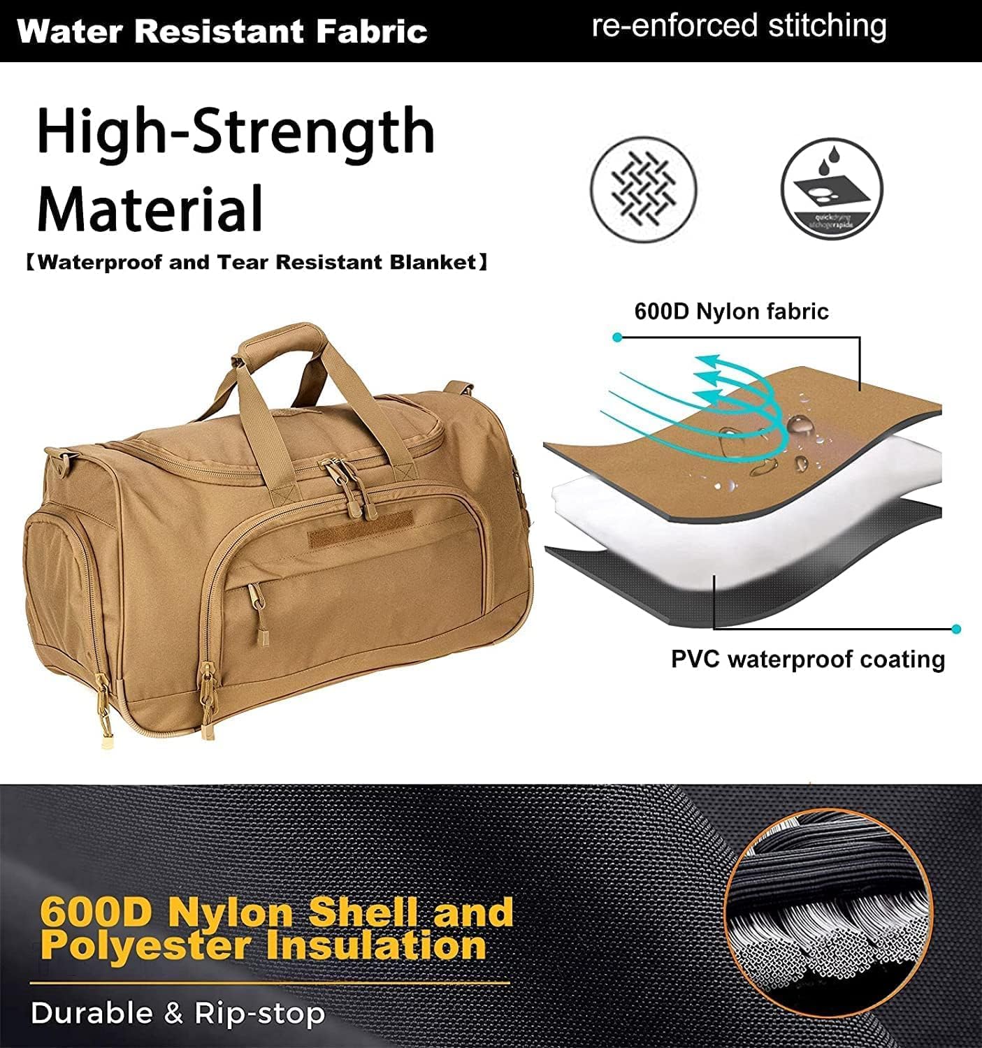 HYKING Gym Bag for Women & Men Tactical Duffle Military Weekender Work Out Lightweight Waterproof Sports Tote Shoe Pocket Tan