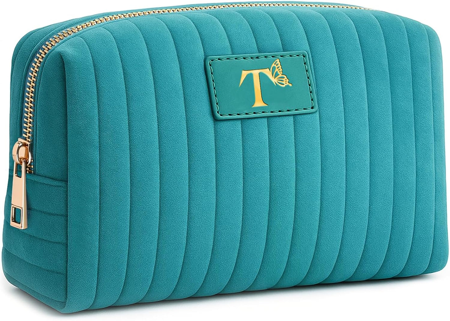 Monogrammed Make Up Bags for Women,Personalized Cosmetic Bags Women,Small Quilted Makeup Pouch,Cute Makeup Bag Travel,Birthday Gifts for Teen Girl (Blue T)