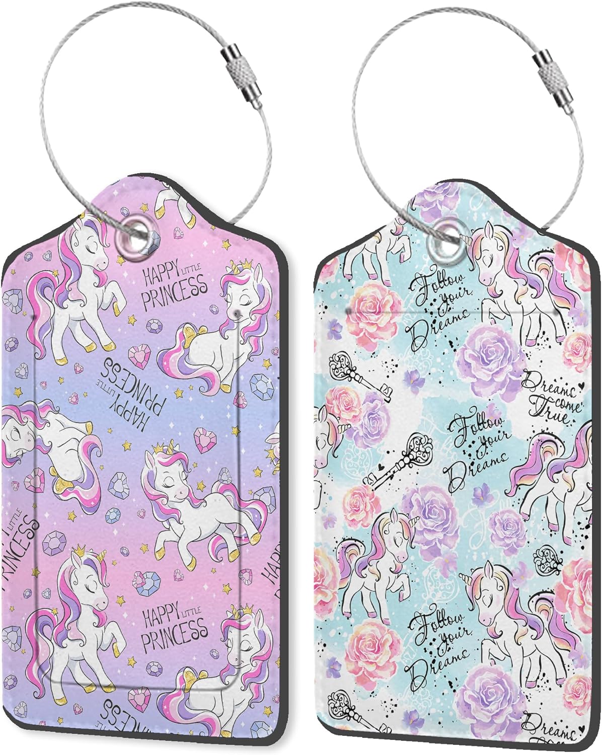Art Watercolor Unicorns 2 Pack PU Leather Luggage Tags with Stainless Steel Loop, Funny Travel Labels with Privacy Cover ID Label for Quick Spotting