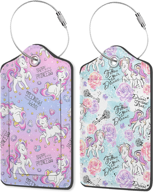 Art Watercolor Unicorns 2 Pack PU Leather Luggage Tags with Stainless Steel Loop, Funny Travel Labels with Privacy Cover ID Label for Quick Spotting