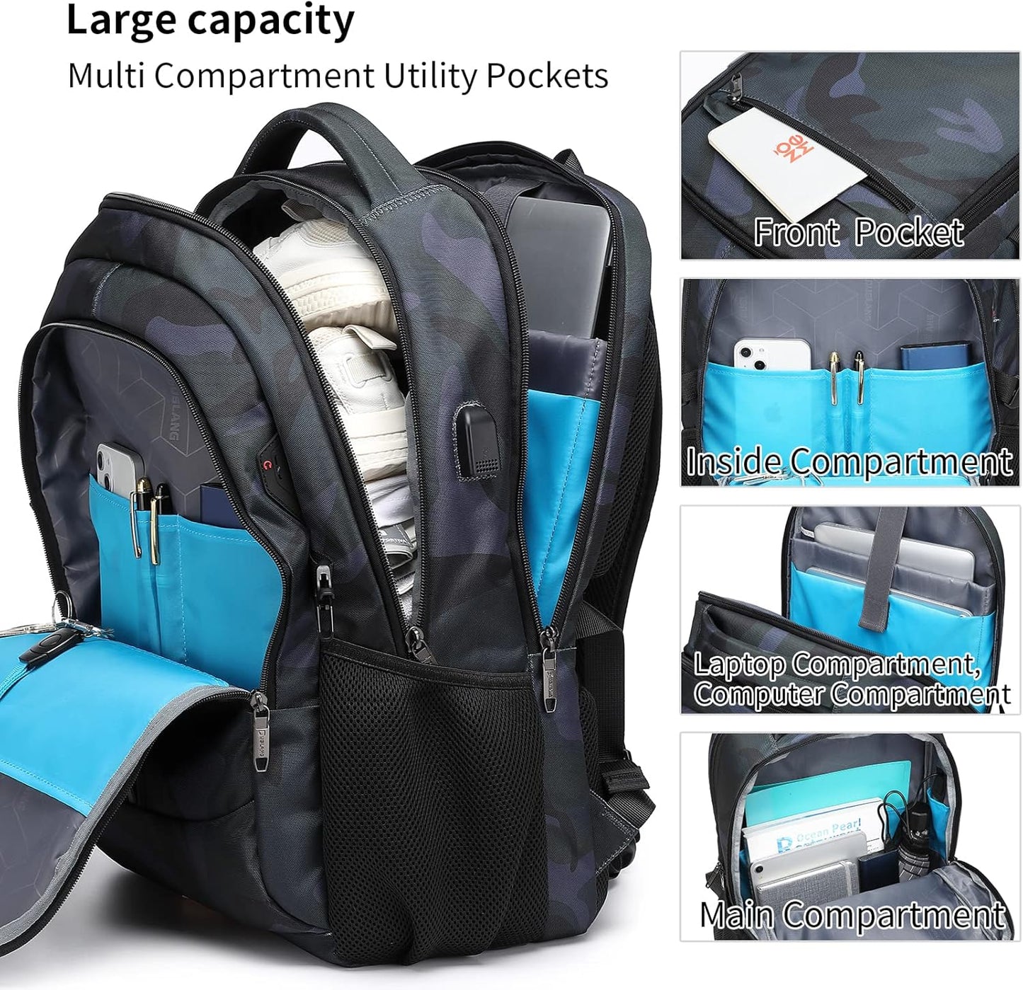 DUSLANG 17 Inch Travel Laptop Backpack Water Resistant Hiking Backpack for Men Laptop Bag with USB