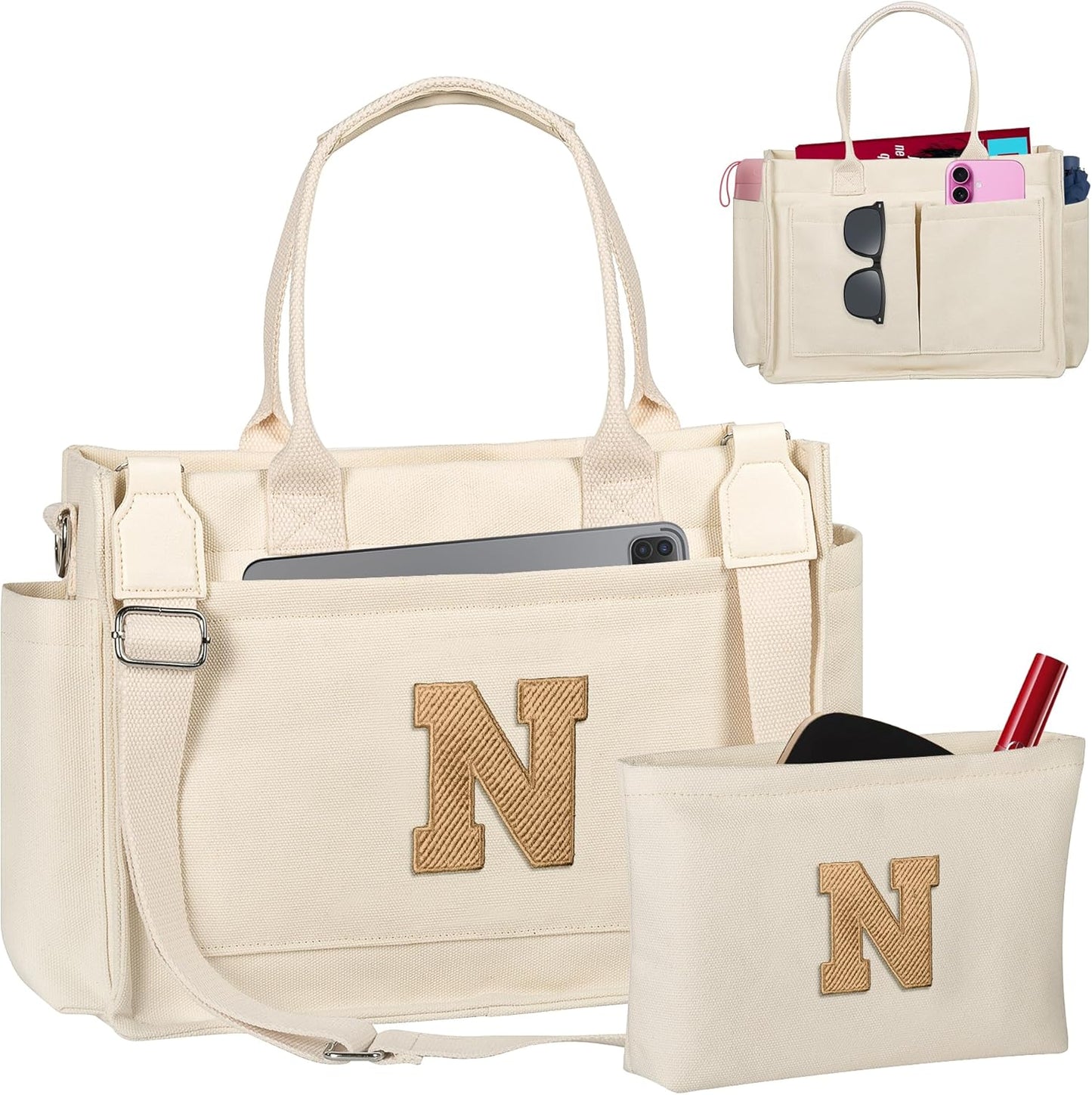 Gifts for Women Teen Girls, Initial Tote Bag with Zipper, Letter Canvas Tote Purse for College Work Laptop Beach