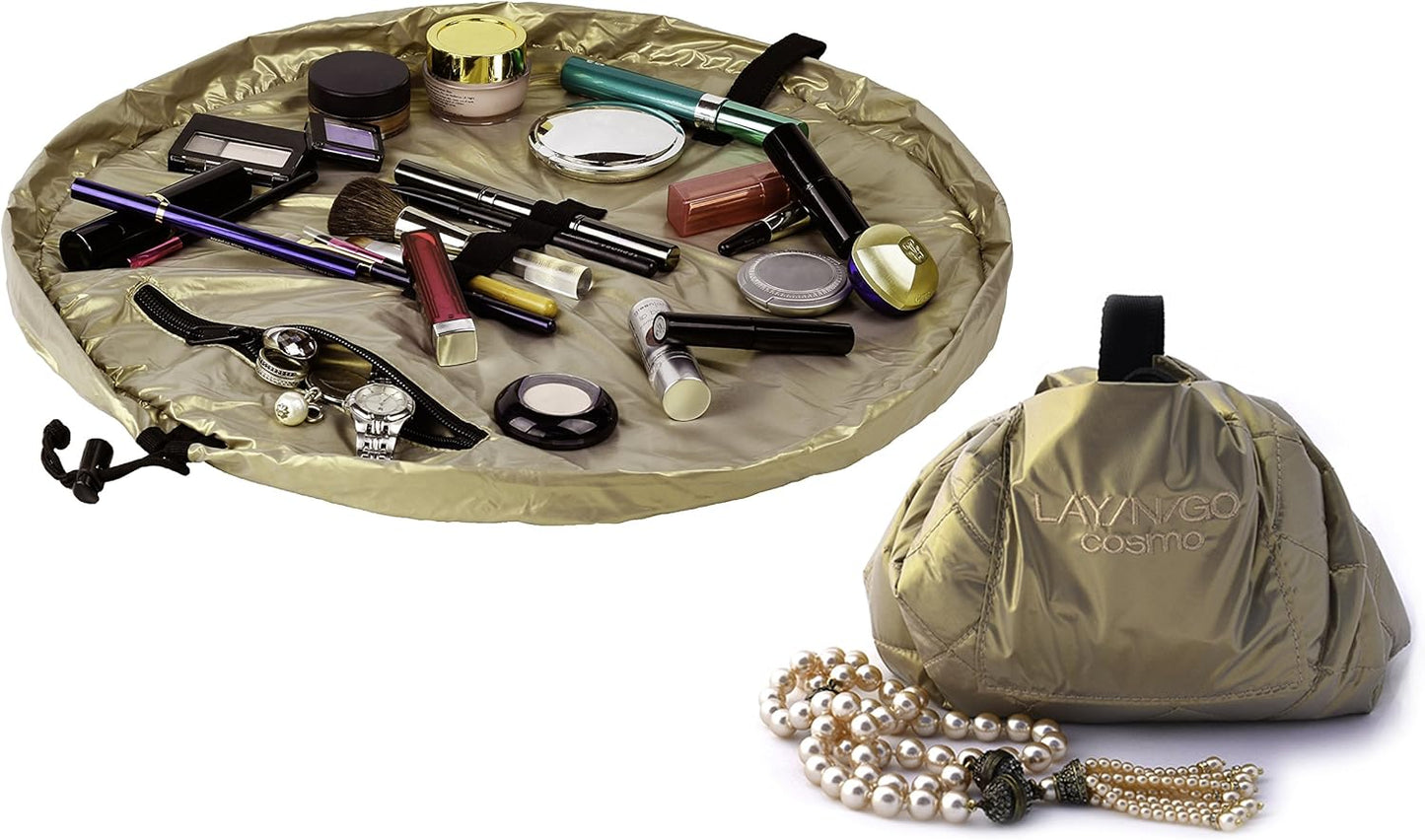 Lay-n-Go Cosmo Drawstring Cosmetic & Makeup Bag Organizer - Portable Drawstring Bag w/Zipper Pocket, Makeup Loops & More - Durable, Machine Washable Toiletry Bag for Travel (20", Metallic Gold)