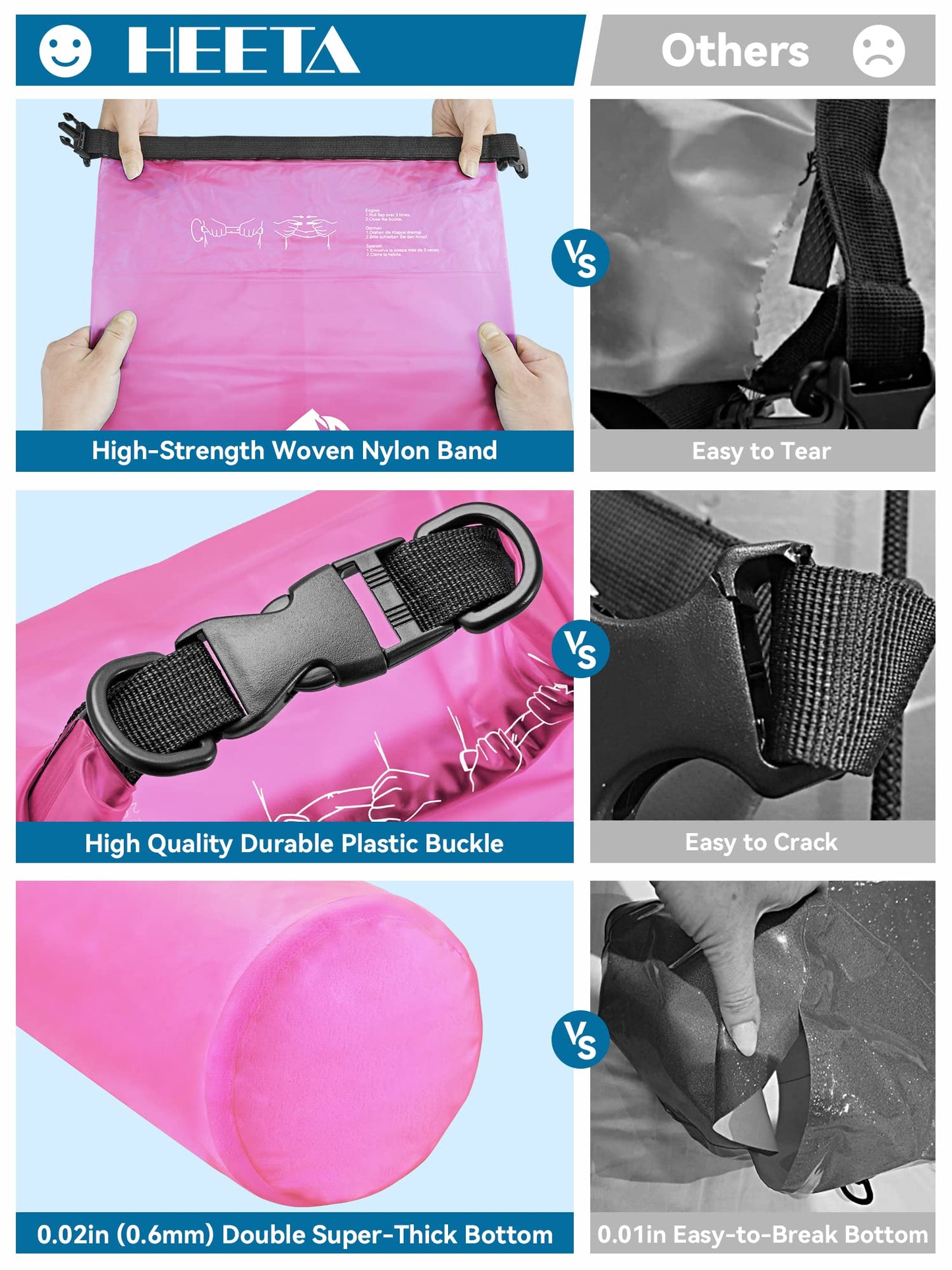 HEETA Dry Bag Waterproof Backpack with Phone Case (Rose Red, 5L)
