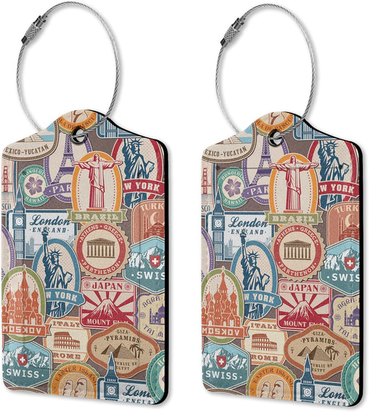 2 Pack Luggage Tags for Suitcases, Travel Stamp Luggage Tag, Leather Stainless Steel Loop Label Tag for Men Travel Bag Suitcase