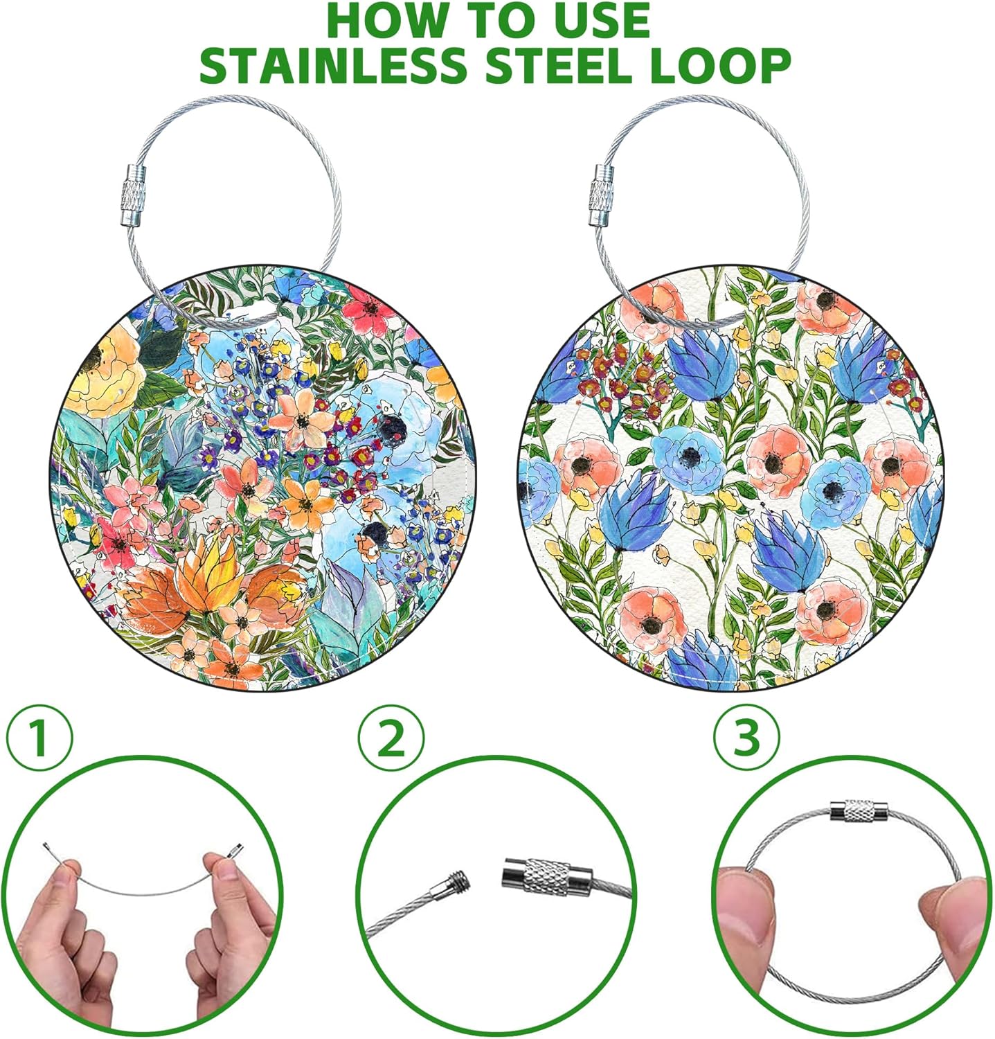 Round Cute Luggage Tags 2 Pack Colorful Flowers Creative Baggage Tags,Cruise Travel Baggage Suitcases Tag with Stainless Steel Loop ID Tag Privacy Flap