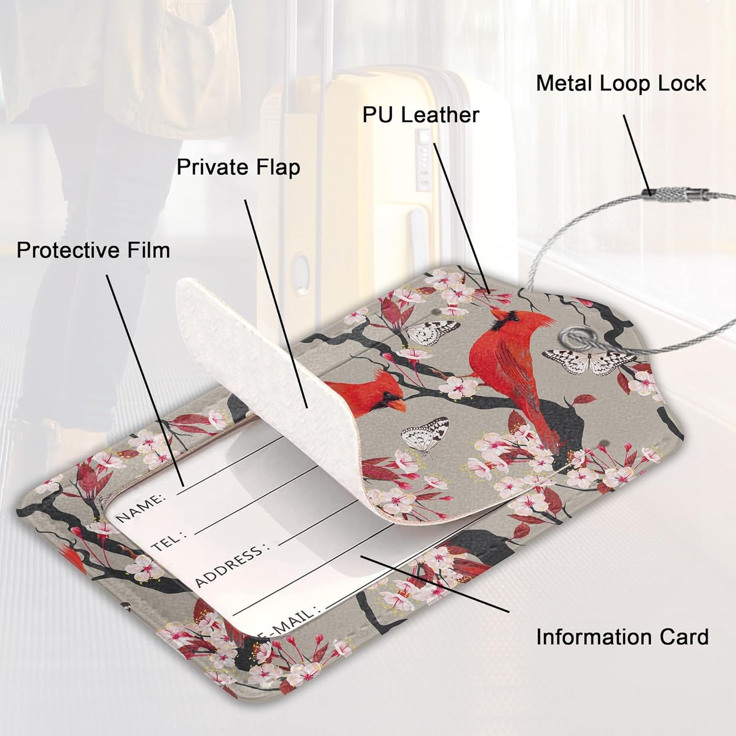 Red Cardinal Luggage Tags Set of 2 Leather Luggage Tags Privacy Cover Suitcase Label with Stainless Steel Loop for Women/Men Travel