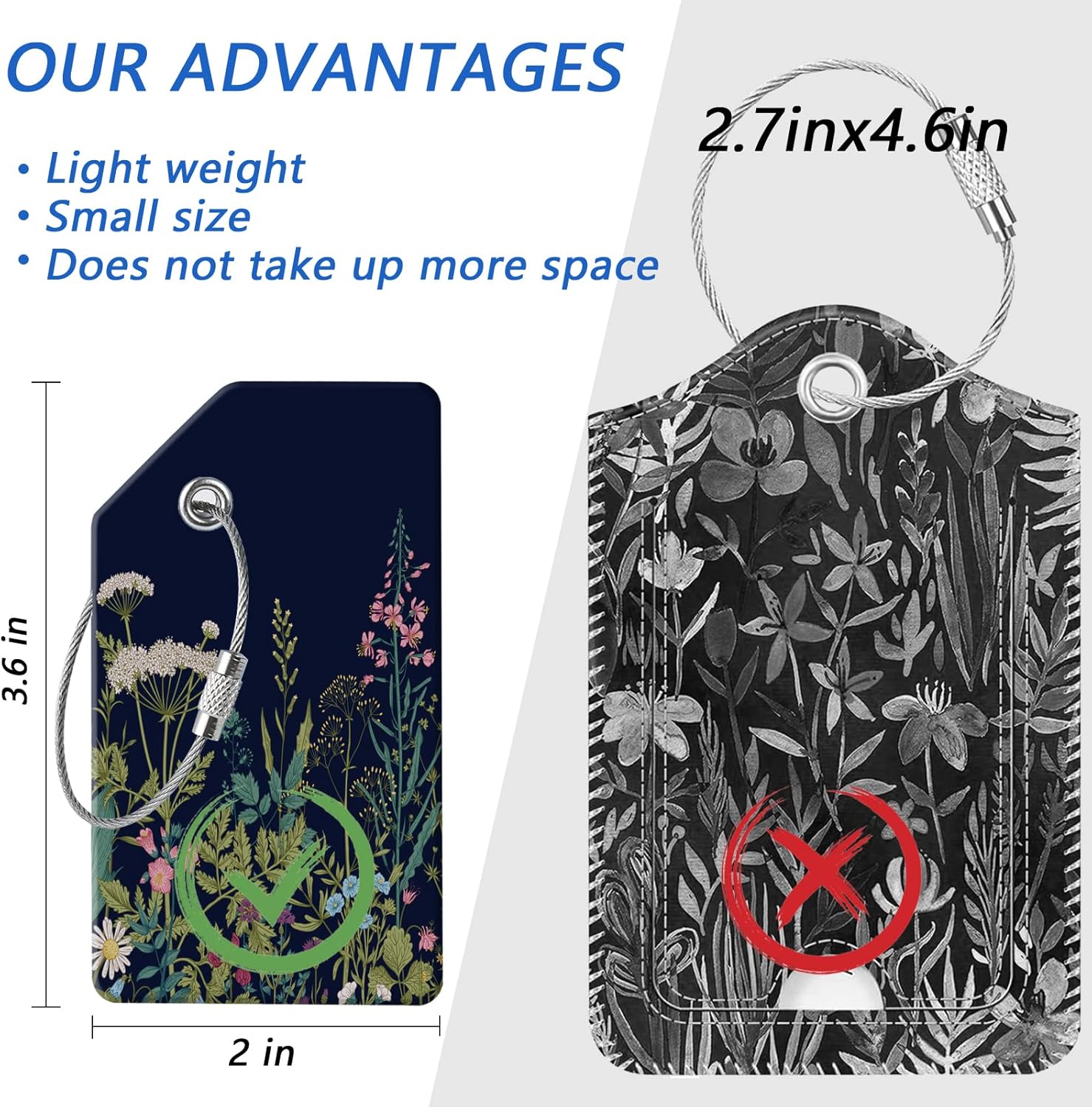 2 luggage tags, (1" smaller than traditional) perfect for quick luggage identification with