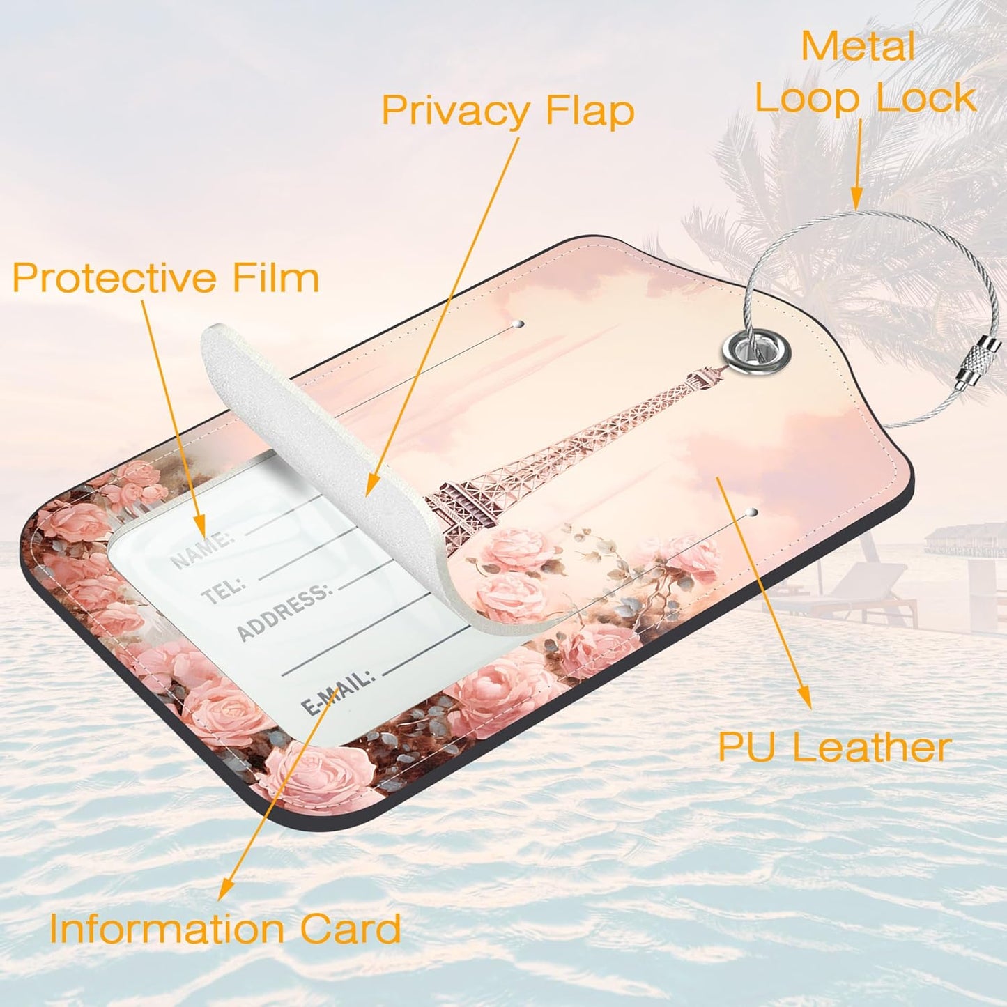 3 Pack Luggage Tag for Suitcase Paris Eiffel Tower Leather Travel Cruise Luggage Tag with Stainless Steel Loop Name ID Label Privacy Cover for Adults Teens Travel Bag Labels Set
