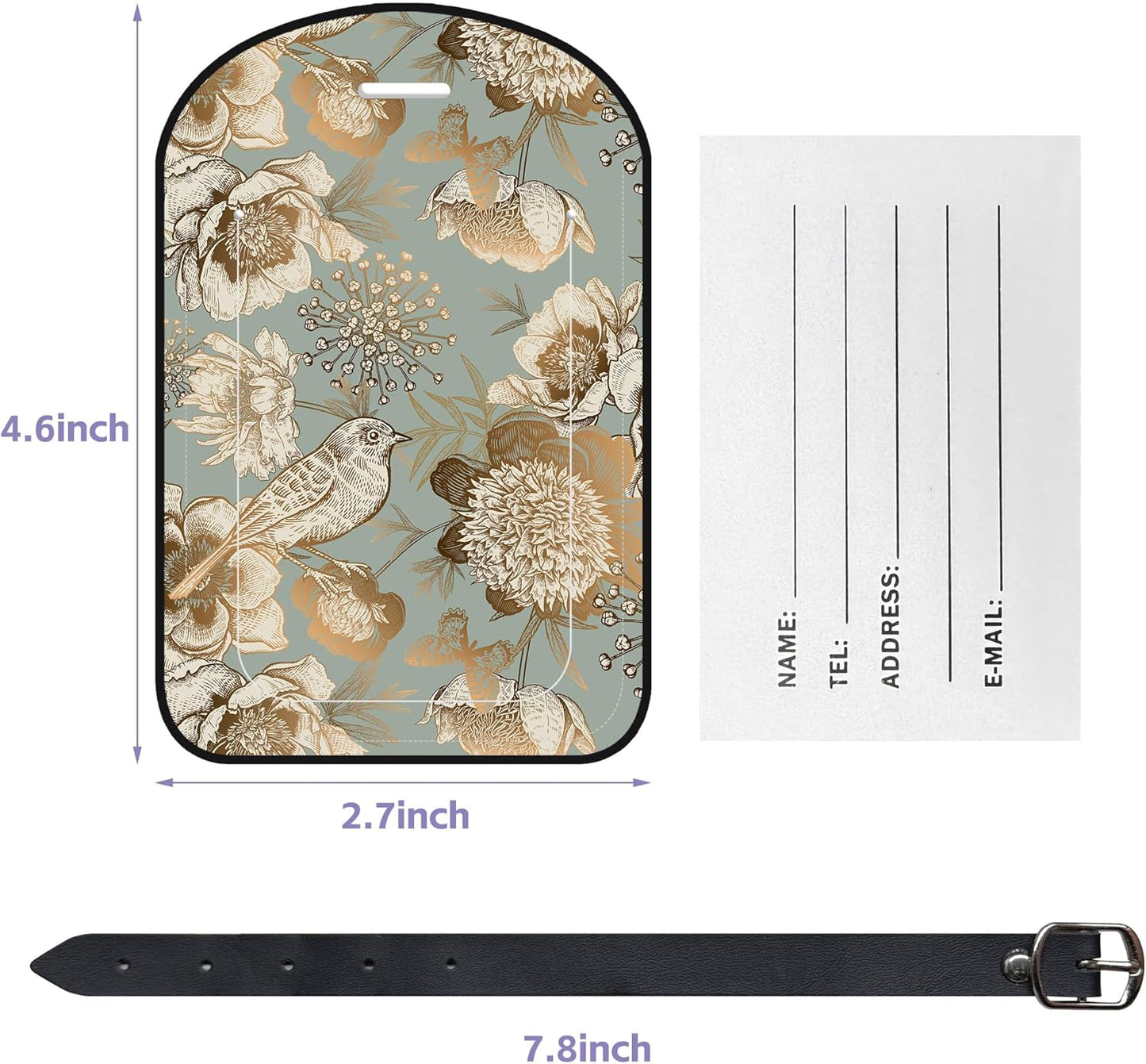 2 Pack Luggage Tags Vintage Gold Floral PU Leather Baggage Handbag Suitcase Tags with Secure Strap Privacy Cover ID Labels,Business Travel Baggage Tag Identifier