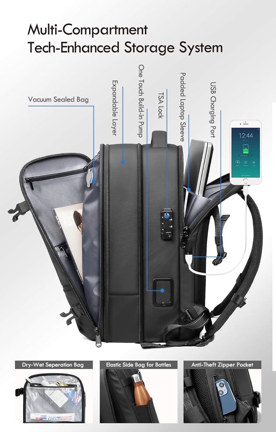 Vacuum Seal Backpack Travel with Built-in Pump 80L Expandable Travel Backpack with Vacuum System
