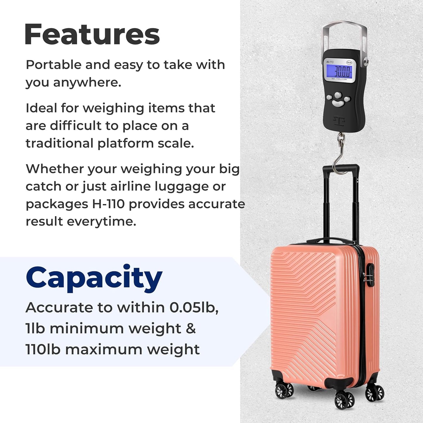 AWS Digital Luggage Scale, Fish Weighing Scale, Hanging Scale 110lb/50kg – Die-Cast Metal Construction, Built-in Tape Measure, Hook & Handle – for Travel, Fishing, Archery, Hunting, Outdoor (Black)