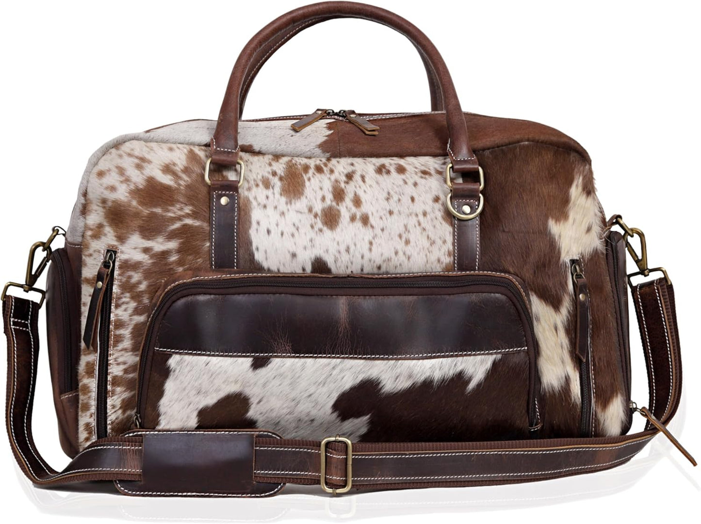 Leather Duffel Bag for Men & Women, Genuine Weekender Travel Bag, Handmade Overnight Gym Bag with Shoulder Strap, Carry-On for Business & Outdoor Travel (Yukon Hair Duffle, Brown & White, 22 Inch)