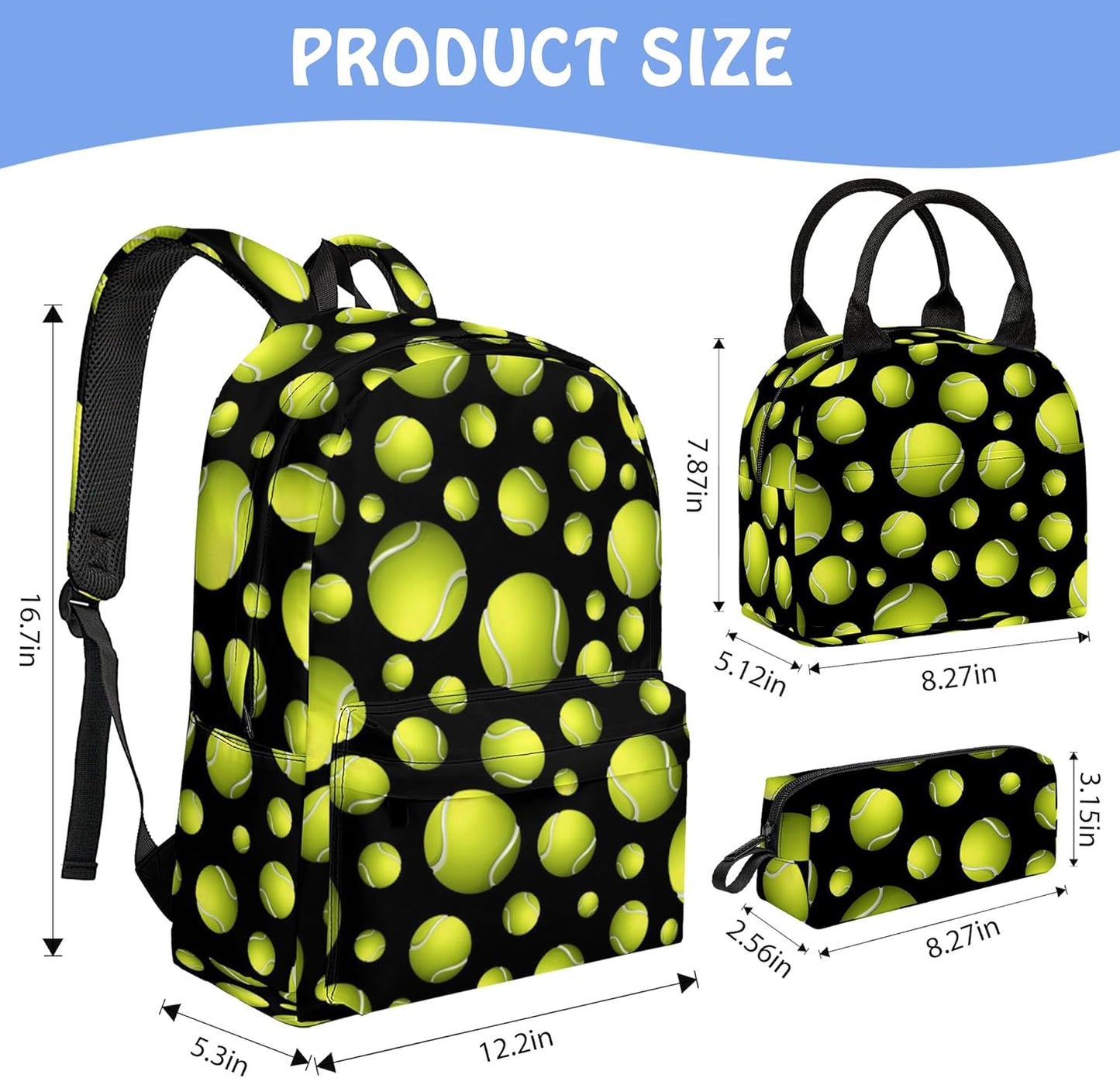 3Pcs Backpacks for Boys Girls, Kids Backpack with Lunch Box Pencil Case, 17 Inch Backpack Set Large Capacity Bookbag School Bag for Teen Elementary Middle High School （ Black Tennies ）