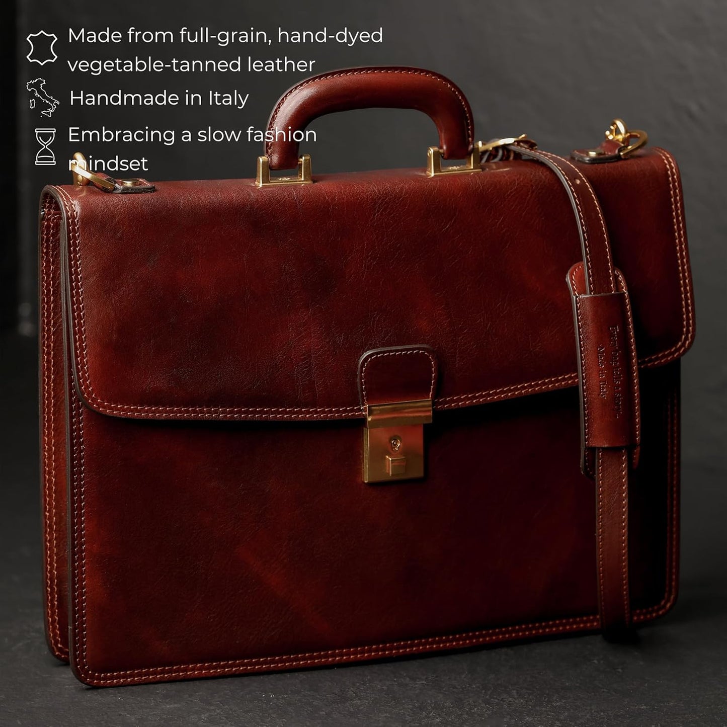 Time Resistance Leather Briefcase - Italian Handmade Leather Laptop Bag - Handbag for Men - Professional Computer Case