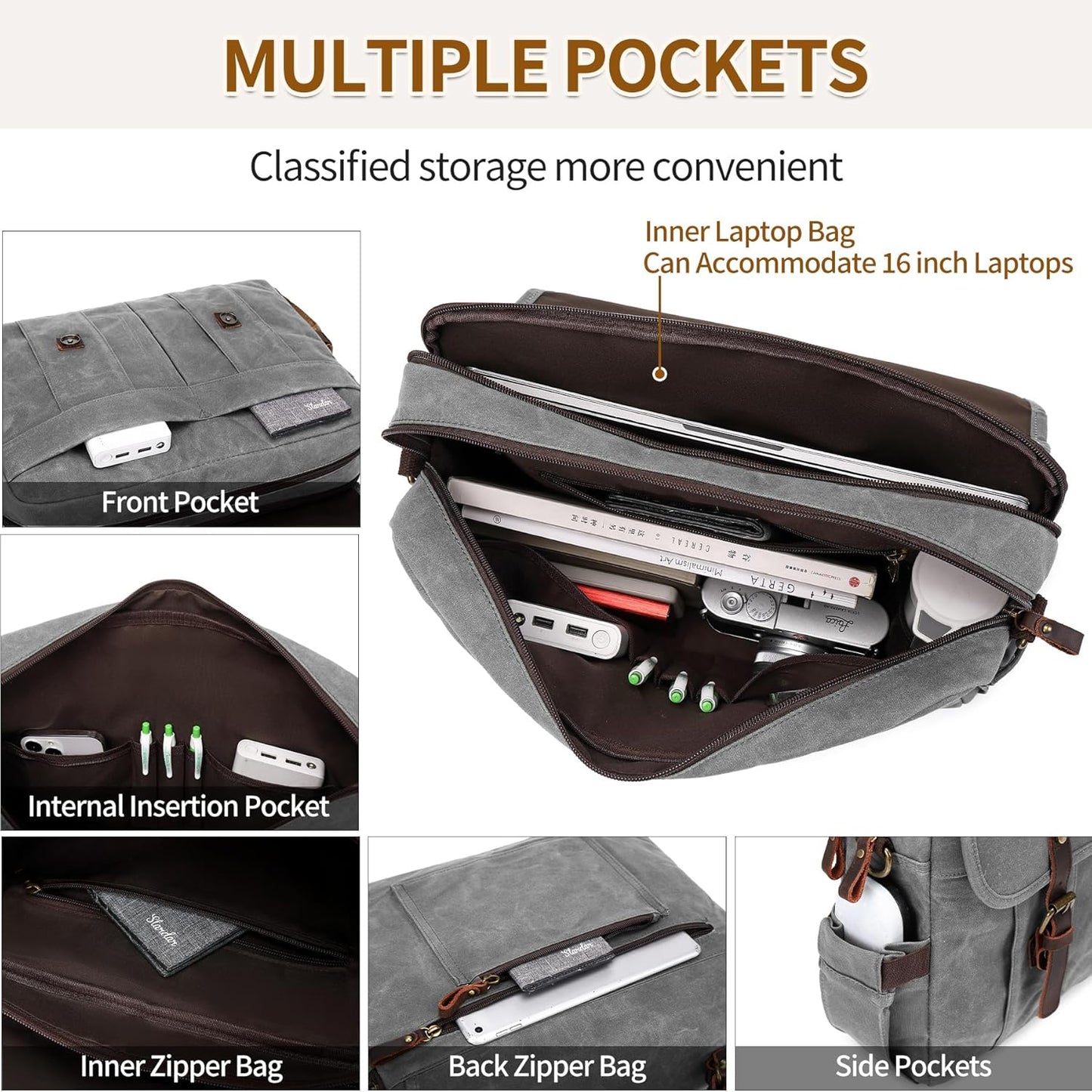 Messenger Bag for Men 15.6 Inch Vintage Canvas Genuine Leather Briefcase for Men Laptop Bag Satchel