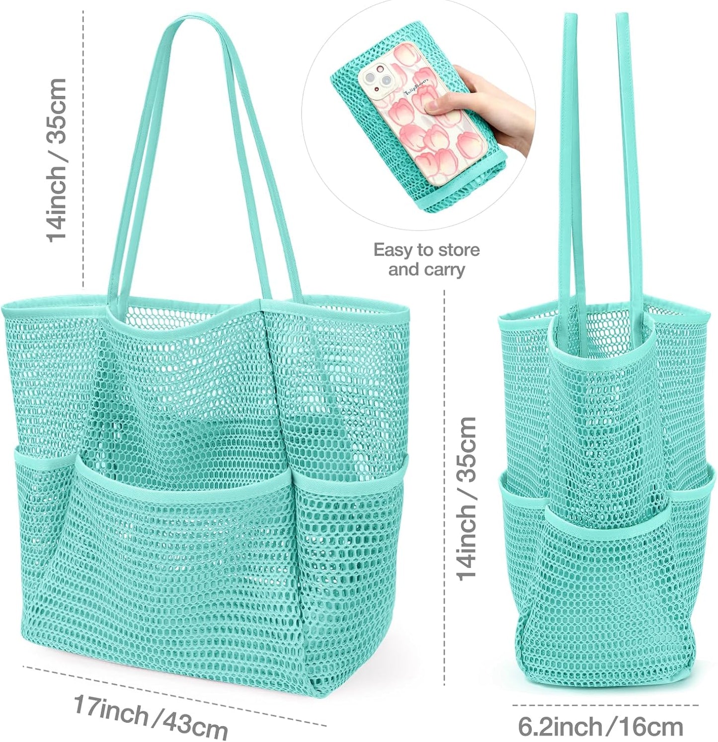 KPX Beach Bag with Mini Pocket, Beach Tote Bags for Women Large Foldable Mesh Swimming Pool Travel Bags - Sandproof