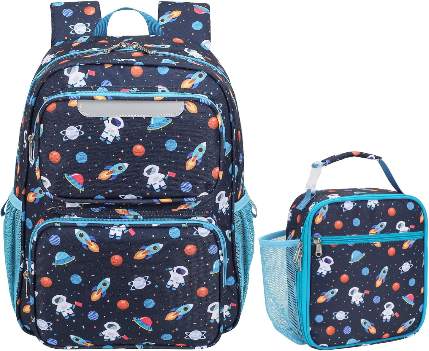 Kids Backpack with Lunch Box - 15 Inch Backpack for Boys 3 to 8, Lightweight Bookbag for Preschool Kindergarten Elementary School, Insulated Pocket, Safe Reflective Stripe, Navy Space