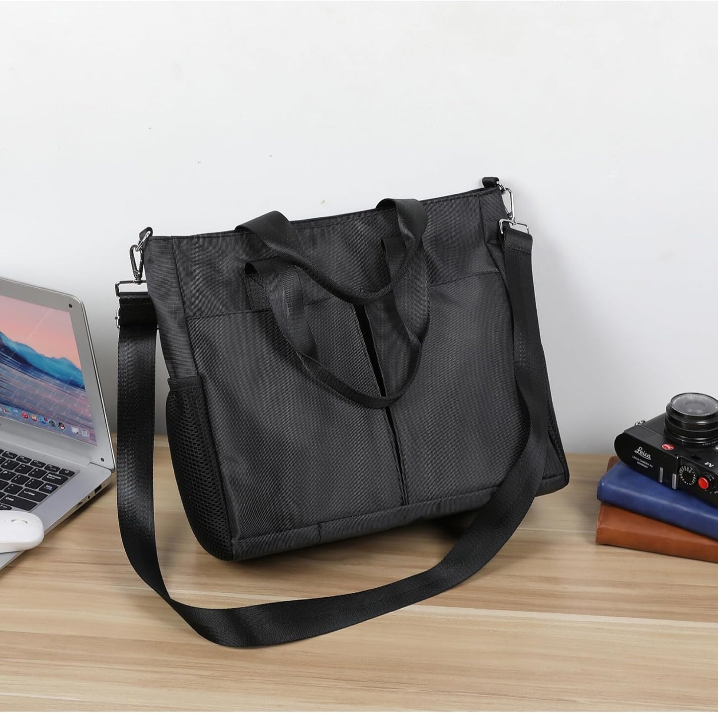 Oxford Canvas Tote Bag for Women,Crossbody Shoulder Bags for Men,Laptop Work Bag,Waterproof Nylon Multi Pocket Handbags for Teacher,Travel,Work,Outdoor,Black