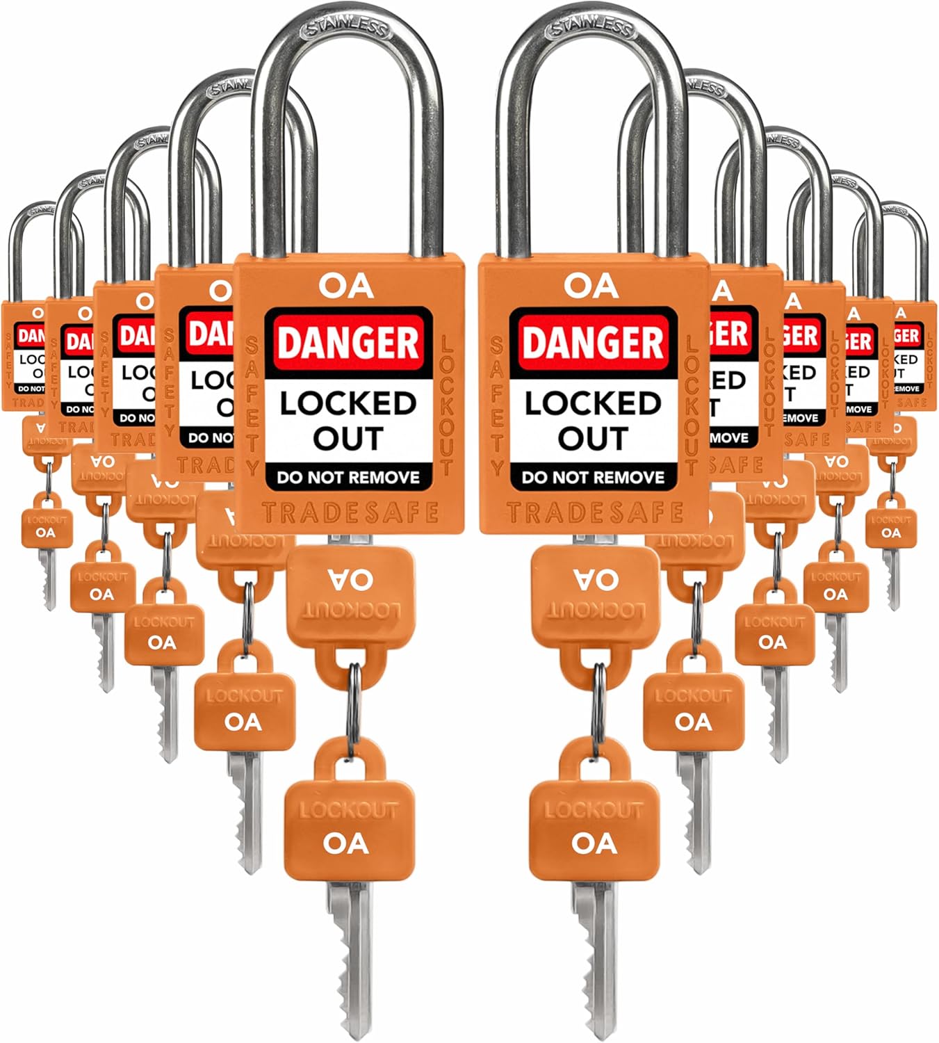 TRADESAFE Lockout Tagout Locks Set, 10 Orange Keyed Alike Unlimited Grouping Safety Padlocks, 2 Keys Per Lock, OSHA Compliant Loto Locks for Lock Out Tag Out Kits