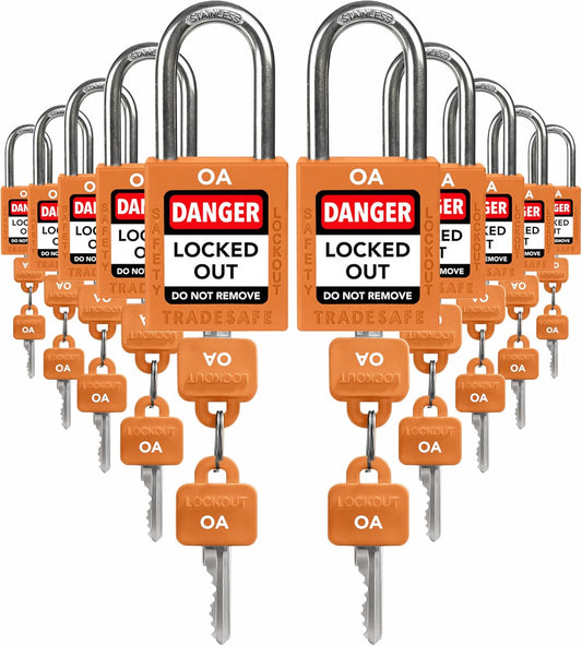 TRADESAFE Lockout Tagout Locks Set, 10 Orange Keyed Alike Unlimited Grouping Safety Padlocks, 2 Keys Per Lock, OSHA Compliant Loto Locks for Lock Out Tag Out Kits