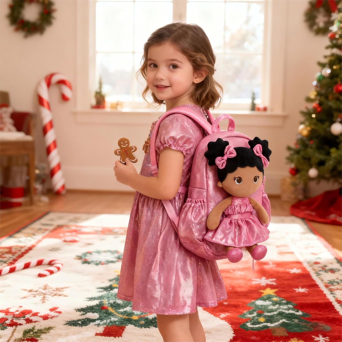 Lazada Toddler Backpack - Baby Girl Gifts Curly Fingerprints Plush Doll Dress Backpack - Fashion Girls Curly Rolled Fingerprints Series - Rose Red 11 Inches