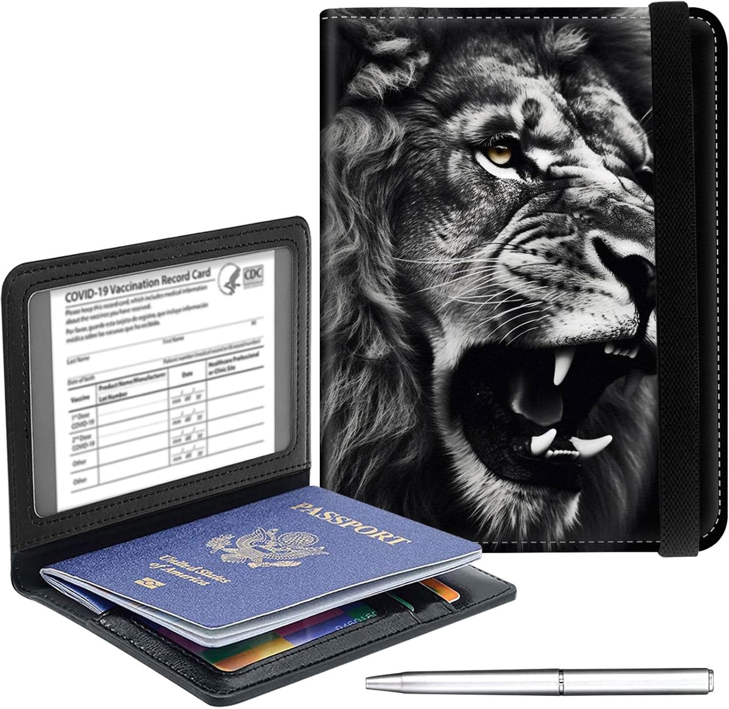 Passport Holder Cover Wallet Travel Essentials RFID Blocking Case Leather Passport Cover Wallet Vaccine Card Slot Organizer for Men Women, Lion